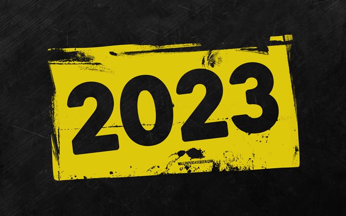 2023 yeni yılınız kutlu olsun, sarı grunge basamak, 2023 yılı, 4k, gri taş arka plan, 2023 kavramlar, 2023 soyut basamak, yeni yılınız kutlu olsun 2023, grunge sanat, 2023 sarı arka plan