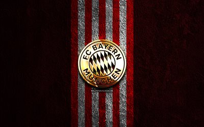 Bayern Munich golden logo, 4k, red stone background, Bundesliga, german football club, Bayern Munich logo, soccer, Bayern Munich emblem, FC Bayern Munich, football, Bayern Munich FC