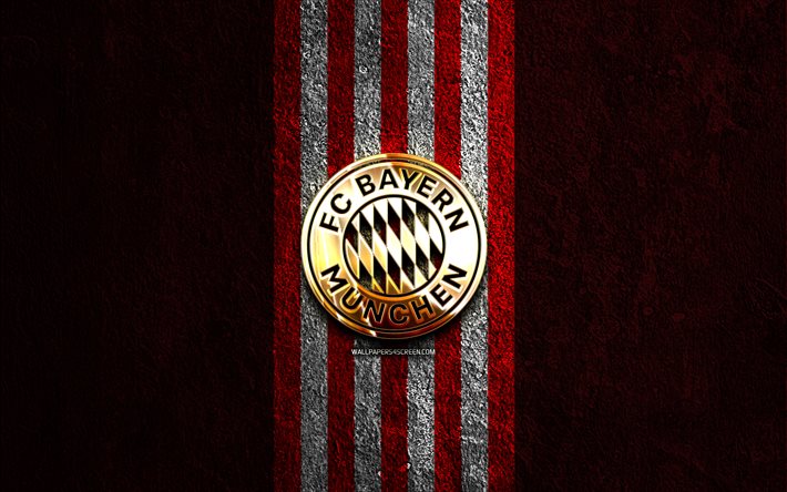 شعار بايرن ميونخ الذهبي, 4k, الحجر الأحمر الخلفية, الدوري الالماني, نادي كرة القدم الألماني, شعار بايرن ميونيخ, كرة القدم, بايرن ميونخ