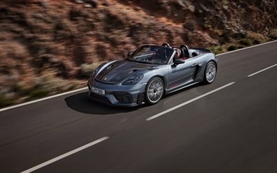 2024, Porsche 718 Spyder RS, 4k, top view, exterior, gray roadsters, gray Porsche 718, German sports cars, Porsche