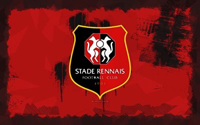 stade rennais grunge logo, 4k, ligue 1, fundo vermelho grunge, futebol, estado rennais emblema, logotipo stade rennais, clube de futebol francês, stade rennais fc