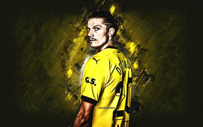 Marcel Sabitzer, Borussia Dortmund, BVB, Austrian football player, yellow stone background, Bundesliga, Germany, football