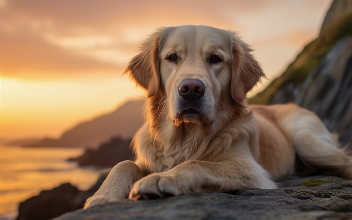 labrador, kväll, solnedgång, gyllene retriever, vänliga hundar, söta djur, husdjur, hundar