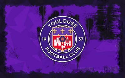 Toulouse FC grunge logo, 4k, Ligue 1, violet grunge background, soccer, Toulouse FC emblem, football, Toulouse FC logo, french football club, FC Toulouse
