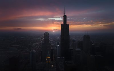 chicago, noche, atardecer, torre de willis, panorama de chicago, rascacielos, paisaje urbano de chicago, illinois, eeuu