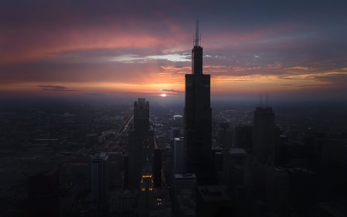 chicago, ilta, auringonlasku, willis  torni, chicagon panoraama, pilvenpiirtäjät, chicagon kaupunkikuva, illinois, yhdysvallat