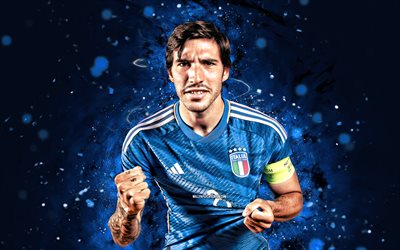 sandro  tonali, 4k, siniset neonvalot, italian kansallinen jalkapallojoukkue, jalkapallo, jalkapalloilijat, sininen abstrakti tausta, italian jalkapallojoukkue, sandro tonali 4k