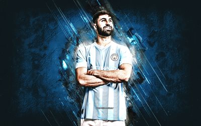 Josko Gvardiol, Manchester City FC, Croatian football player, blue stone background, Man City, Premier League, England, football