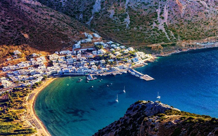 sifnos, 4k, marcos gregos, porto, hdr, grécia, europa, mar, natureza bela, vista aérea