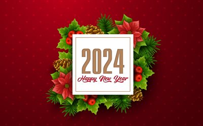 4k, 2024 Happy New Year, 2024 concepts, Burgundy 2024 background, Christmas decorations, 2024 Christmas background, Happy New Year 2024, greeting card