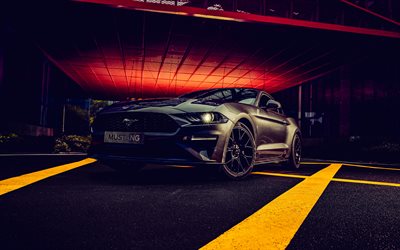 Ford Mustang, 4k, parking, 2023 cars, supercars, darkness, 2023 Ford Mustang, american cars, HDR, Ford
