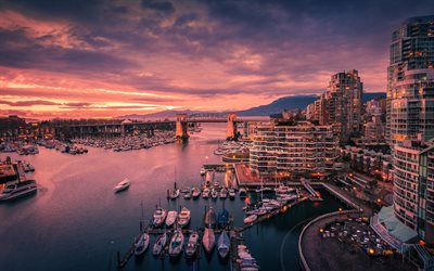 Vancouver, evening, sunset, bay, yachts, boats, Vancouver cityscape, Canada