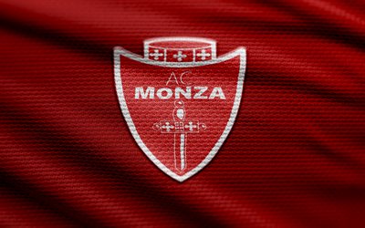 monza fc fabric logo, 4k, sfondo in tessuto rosso, serie a, bokeh, calcio, logo monza fc, emblema monza fc, monza fc, club di calcio italiano, fc monza