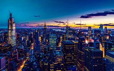 맨해튼, 4k, nighscapes, 뉴욕시, 고층 빌딩, 미국 도시, 현대 건물, 뉴욕시 경사, 미국, nyc, 뉴욕 파노라마