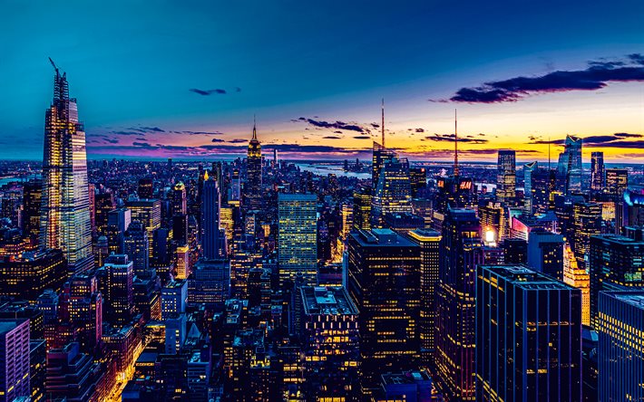 マンハッタン, 4k, nighscapes, ニューヨーク市, 高層ビル, アメリカの都市, 近代的な建物, ニューヨークシティスケープ, アメリカ合衆国, nyc, ニューヨークパノラマ