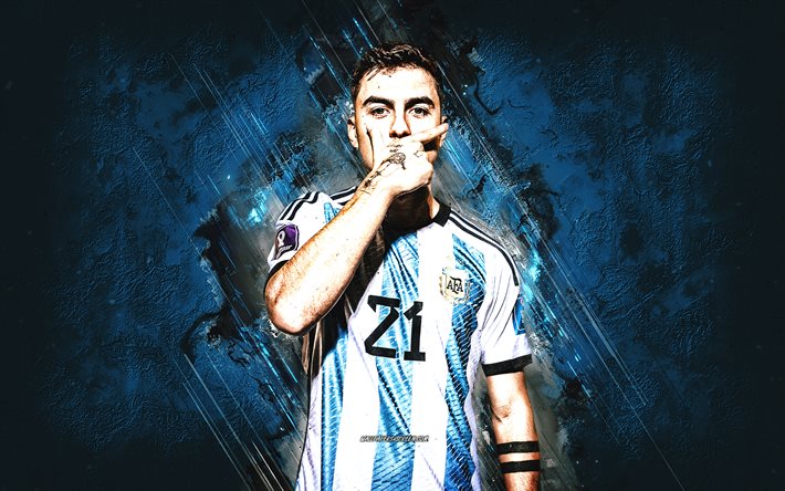 paulo dybala, equipo de fútbol nacional de argentina, jugador de fútbol argentino, retrato, fondo de piedra azul, argentina, fútbol americano