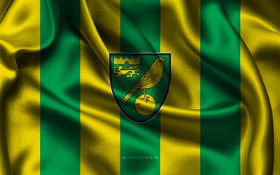 4k, Norwich City FC logo, green yellow silk fabric, English football team, Norwich City FC emblem, EFL Championship, Norwich City FC, England, football, Norwich City FC flag, soccer