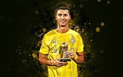 Cristiano Ronaldo with award, 4k, yellow neon lights, Al Nassr FC, football stars, Saudi Pro League, CR7, Cristiano Ronaldo Al Nassr, football, soccer, Al-Nassr FC, Riyadh, CR7 Al Nassr, Cristiano Ronaldo