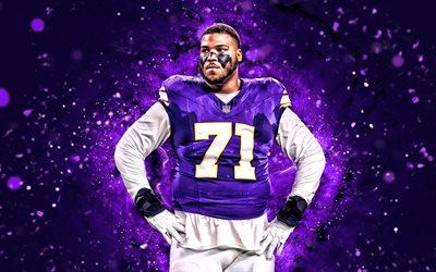 4k, Christian Darrisaw, violet abstract background, Minnesota Vikings, NFL, American football players, Christian Darrisaw 4K, American football, National Football League, violet neon lights, Christian Darrisaw Minnesota Vikings