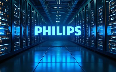 4k, Philips blue neon logo, darkness, electronics brands, datacenter racks, artwork, Philips logo, bokeh, brands logo, Philips neon logo, Philips, brands, Philips blue logo