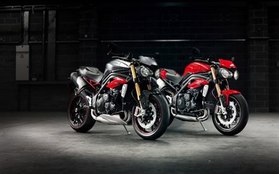 triumph speed triple r, 2016, duas motocicletas, motocicletas esportivas