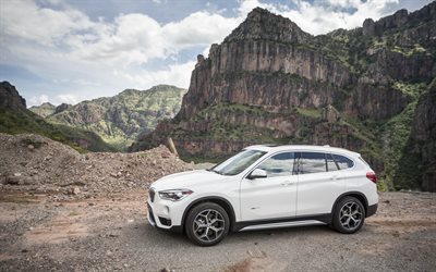BMW X1, 2016, crossover, montañas, acantilados, paisajes de montaña