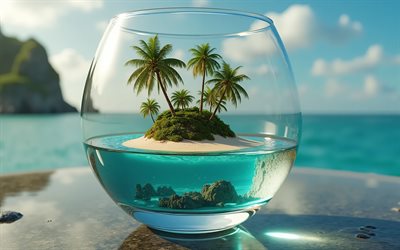 isla tropical en un jarrón, viajes de verano, océano, islas tropicales, conceptos de vacaciones, conceptos de viaje, isla con palmeras, playa, relajación