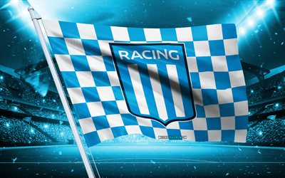 4k, Racing Club logo, Argentina football club, stadium flag, Racing Club fans flag, blue white flag, Racing Club emblem, Argentina Primera Division, Argentina, football, Racing Club