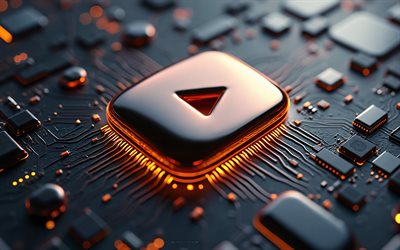 youtube pronssilogo, harmaa teknologian tausta, youtube 3d  logo, 3d pronssi youtube tunnus, youtube logo, harmaa emolevy, youtube