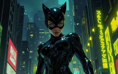 mulher gato, 4k, paisagem noturna, arte 3d, rua, super heróis, quadrinhos da marvel, retrato, mulher gato modelo 3d, obra de arte, arte da mulher gato, arte dos fãs, mulher gato 4k