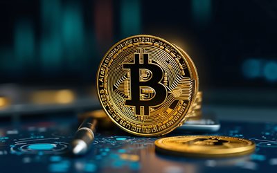 Bitcoin gold coins, money background, cryptocurrency, Bitcoin sign, Bitcoin logo, Bitcoin emblem, Bitcoin gold coin, Bitcoin