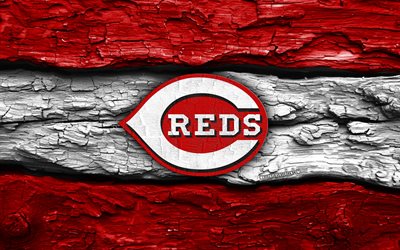 Cincinnati Reds wooden logo, 4k, red white wooden background, MLB, baseball, Cincinnati Reds logo, Cincinnati Reds emblem, american baseball team, Cincinnati Reds