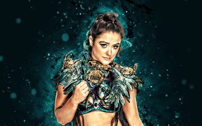 Lyra Valkyria, 4k, turquoise neon lights, WWE, creative, Irish wrestler, turquoise abstract background, World Wrestling Entertainment, wrestlers, Lyra Valkyria 4K