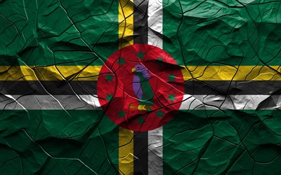 4k, علم دومينيكا, نسيج الحجر, أمريكا الشمالية, علم دومينيكا ثلاثي الأبعاد, الخلفية مع الشقوق, دومينيكا, علم الدومينيكان