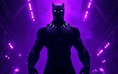 블랙팬서, 4k, 보라색 배경, 블랙팬서 슈퍼히어로, 블랙팬서 캐릭터, 보라색 네온 불빛, 어둠 속의 블랙팬서