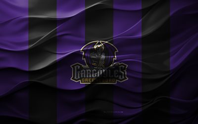 4k, greensboro gargoyles logotyp, lila svart 3d bakgrund, greensboro gargoyles emblem, echl, amerikanskt hockeylag, greensboro gargoyles flagga, 3d struktur, greensboro gargoyles, hockey, usa