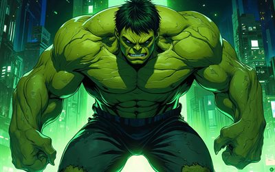 4k, Angry Hulk, artwork, green nightscape, superheroes, vector art, Marvel Comics, Hulk, Incredible Hulk, green glare, Hulk art, fan art, Hulk 4K