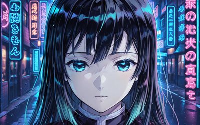 4k, muichiro tokito, noite, brilho turquesa, kimetsu no yaiba, rua, retrato, mangá, protagonista, corpo de caçadores de demônios, tokito muichiro, matador de demônios, muichiro tokito kimetsu no yaiba