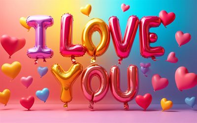 4k, eu te amo, letras de balões coloridos, criativo, fundo colorido, saudações do dia dos namorados, 14 de fevereiro, conceitos de amor, corações 3d, eu te amo inscrição
