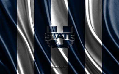 4k, 유타 주 aggies 로고, ncaa, 파란색 흰색 실크 질감, 유타주 애기스 깃발, 미식축구 클럽, 실크 깃발, 유타 주 aggies 엠블럼, 미국, 유타주 애기스