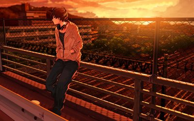 chico, Kurono Kuro, puesta de sol, luz brillante del sol, puente