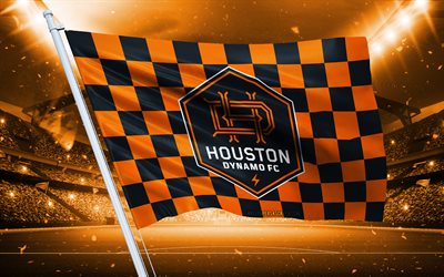 4k, 휴스턴 dynamo fc 로고, 미국 축구 클럽, 경기장 깃발, 휴스턴 dynamo fc 팬 깃발, 오렌지 블랙 깃발, 휴스턴 다이너 모 fc 엠블럼, mls, 미국, 휴스턴 다이너 모, 축구, 휴스턴 다이너 모 fc