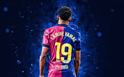 4k, Lamine Yamal, back view, FC Barcelona, blue neon lights, La Liga, spanish footballers, Lamine Yamal 4K, football, soccer, Barcelona FC, LaLiga, Barcelona, FCB, Lamine Yamal Barcelona
