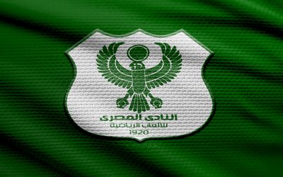 al masry club fabric logo, 4k, grüne stoffhintergrund, ägyptische premier league, bokeh, fußball, al masry club  logo, epl, al masry club emblem, al masry club, ägyptischer fußballverein, al masry fc