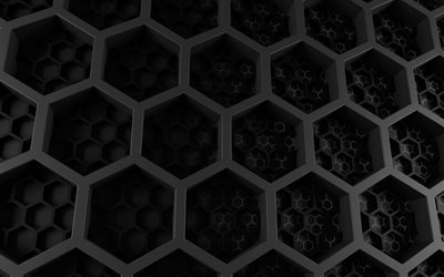 3d altıgen kalıplar, 4k, siyah altıgen arka plan, 3d dokular, geometrik şekiller, yaratıcı, 3d geometrik arka planlar, altıgen kalıpları, altıgenler, siyah geometrik arka planlar