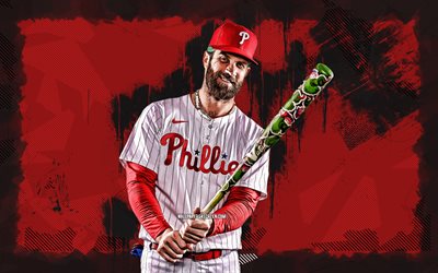 4k, bryce harper, kırmızı grunge arka plan, philadelphia phillies, mlb, amerikan beyzbol oyuncuları, bryce harper 4k, beyzbol, major league beyzbol, arp, bryce harper philadelphia phillies