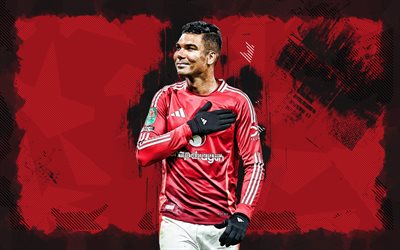 4k, casemiro, sfondo del grunge rosso, manchester united, premier league, calciatori brasiliani, casemiro 4k, calcio, casemiro manchester united, man united