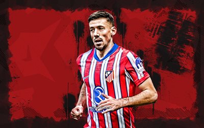 4k, Clement Lenglet, red grunge background, Atletico Madrid FC, La Liga, french footballers, Clement Lenglet 4K, football, soccer, LaLiga, Clement Lenglet Atletico Madrid