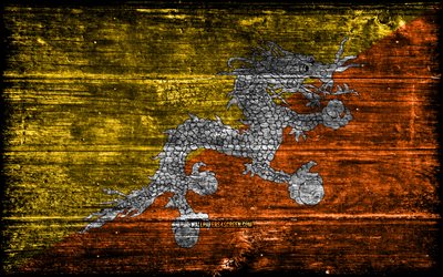 bhutanin puinen lippu, 4k, puiset grunge  liput, aasian maat, bhutanin lippu, bhutanin päivä, aasia, bhutan, bhutanin kansalliset symbolit
