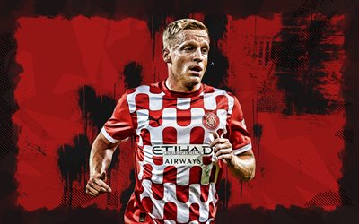 4k, Donny van de Beek, red grunge background, Girona FC, La Liga, Dutch footballers, Donny van de Beek 4K, football, soccer, LaLiga, Donny van de Beek Girona